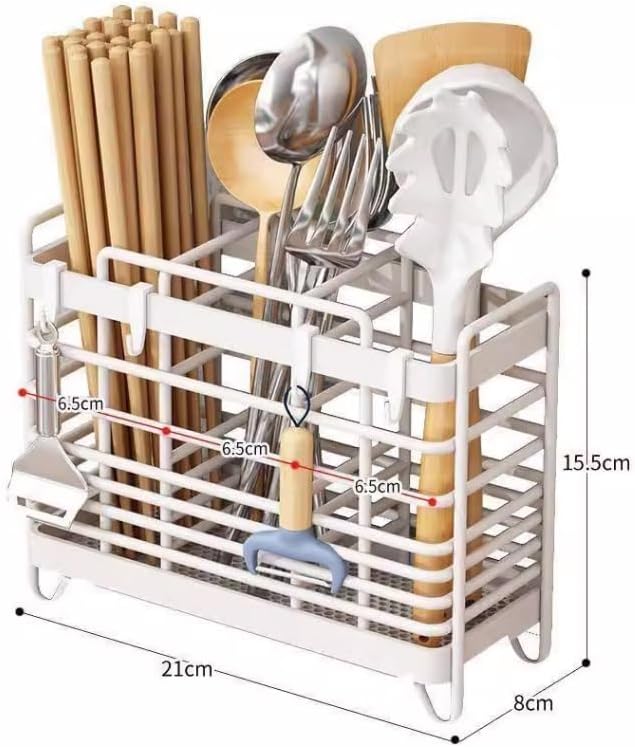 Utensil Holder Metal Hollow Out Kitchen Utensil Holder with 3 Compartments, Wall Mount/Countertop Utensil Drying Racks, White Utensil Caddy with Drain Tray and Hooks Cutlery Holder