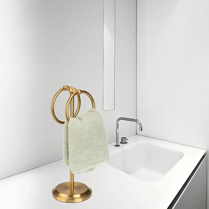 J&V TEXTILES Steel Towel Rack Holder Stand with 2 Hanging Rings for Bathroom Vanity Countertops - Space Saving Hand Towel Holder (Aged Brass)