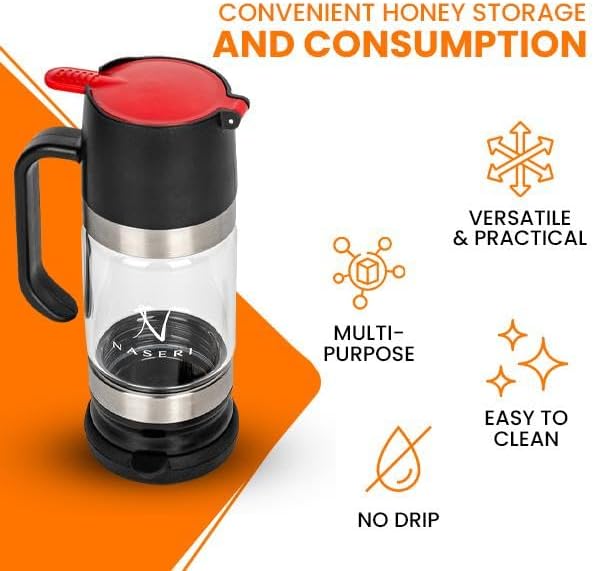 Glass Honey Dispenser with Wood Dipper Stick - No Drip Bottom Spout, Easy Pouring for Kitchen Convenience. Multipurpose for Syrup & Salad Dressing. Luxury Case for Gift & Storage
