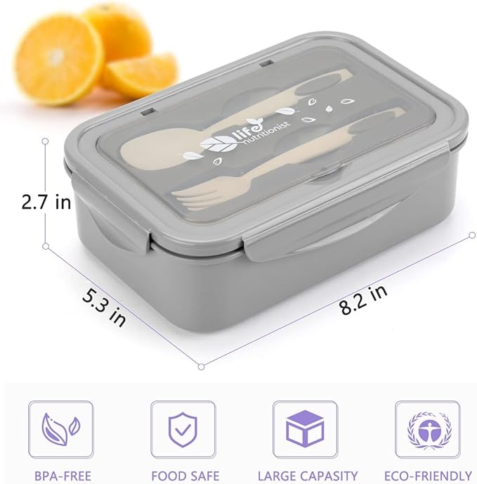 Bento Boxes for Adults - 1100 ML Bento Lunch Box Container For Kids With Spoon & Fork - Durable Perfect Size for On-the-Go Meal, BPA-Free and Food-Safe Materials(Grey)