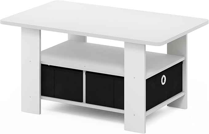 Furinno Andrey Coffee Table, Small Modern Coffee Table with Storage and Bin Drawer, Side Table for Living Room, Bedroom, Home Office, White