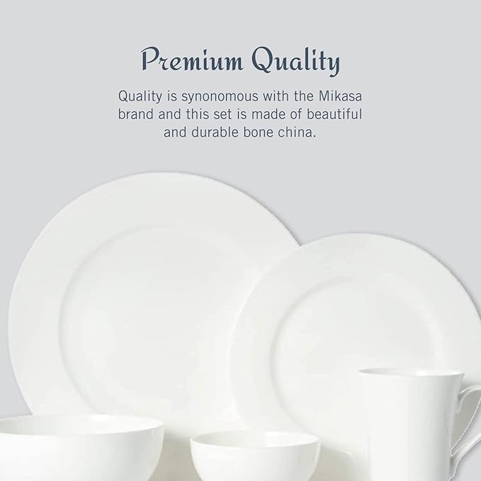 Mikasa Delray 40-Piece Bone China Dinnerware Set, White Round Dishes for 8 - Dinner Plates, Salad Plates, Cereal Bowls, Fruit Bowls and Mugs