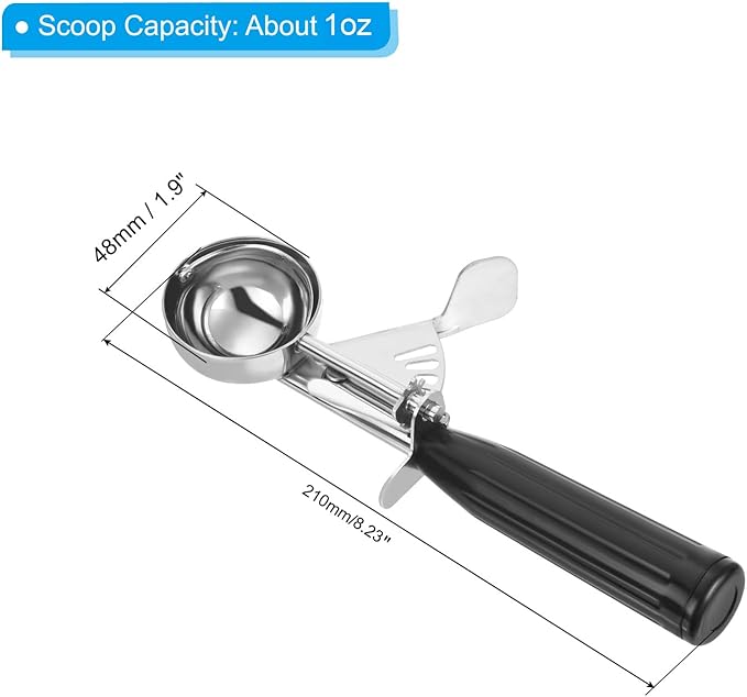PATIKIL 1 Ounce Ice Cream Scoop with Trigger, Stainless Steel Portion Cookie Scoop with Thumb Trigger for Cookie Dough Cupcake Batter Baking, Black 30ML