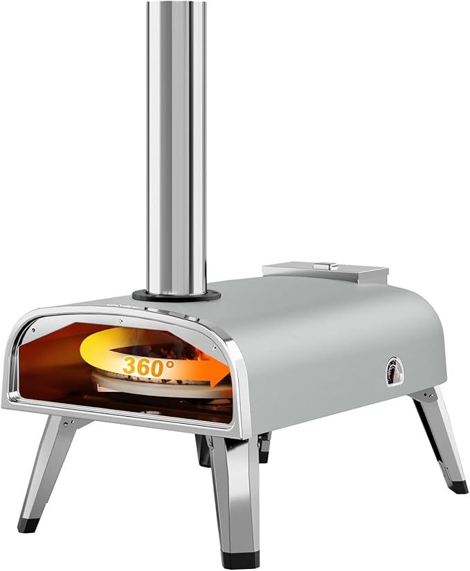 aidpiza Outdoor Pizza Oven 12" Wood Pellet Pizza ovens With Rotatable Round Pizza Stone Portable Wood Fired with Built-in Thermometer Pizza Stove for Outside Backyard Camping Picnics (Grey-revolving)