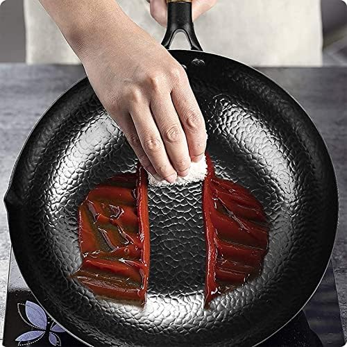 Chinese Carbon Steel Wok with Wooden Lid, Stir Fry Pan Flat Bottom Pan for Electric Stove, Induction Cooker and Gas Stove(12.5 Inch)
