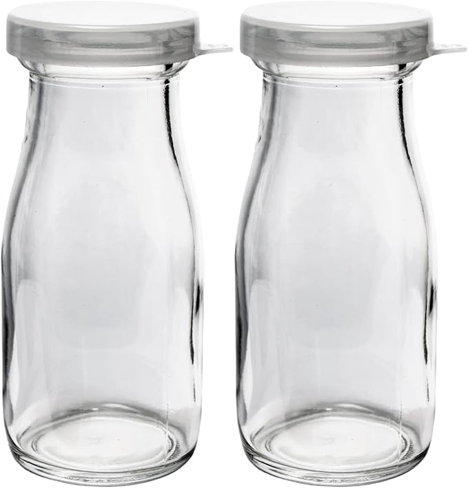 The Dairy Shoppe Glass Milk Bottle, Heavy Glass with Extra Lids, Creamery Style (2, Half Pint Decanter)