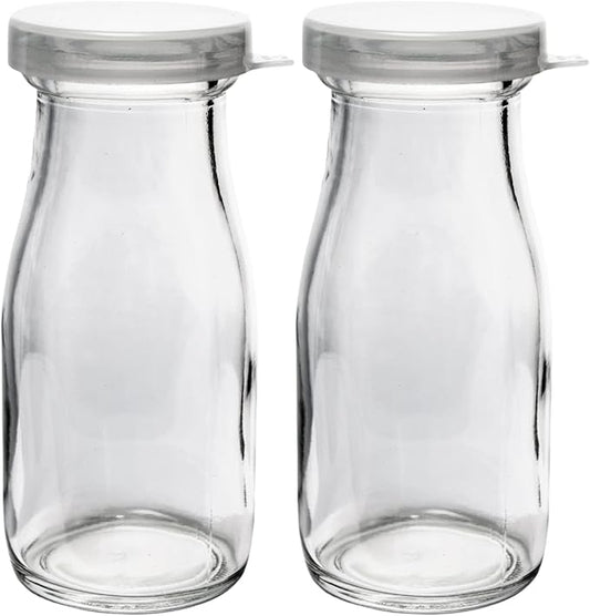 The Dairy Shoppe Glass Milk Bottle, Heavy Glass with Extra Lids, Creamery Style (2, Half Pint Decanter)
