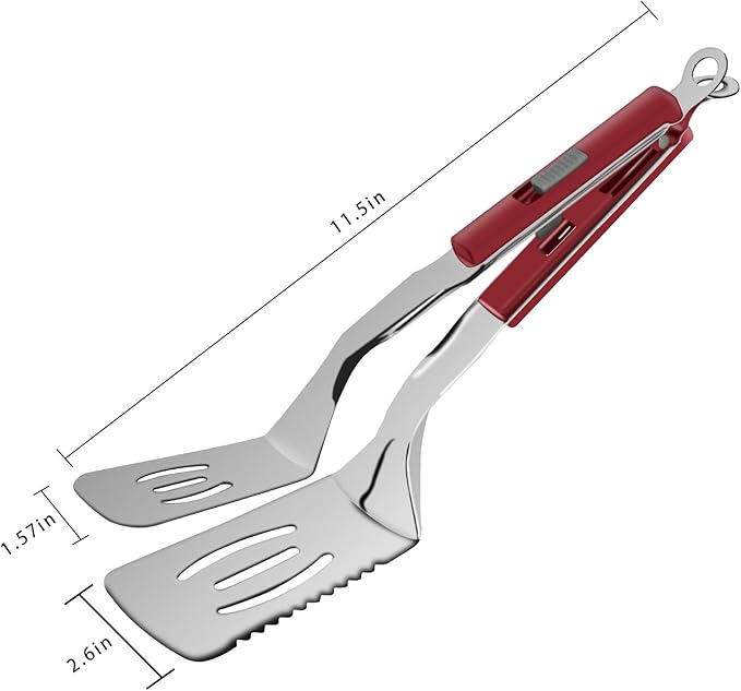 11.5-inch Stainless Steel Tongs for Cooking – Versatile Metal Spatula Tongs for Flipping, Picking Up, Cutting, and Stir-Frying Meats and Other Foods. Kitchen Tongs Durable and Multifunctional.(Red)