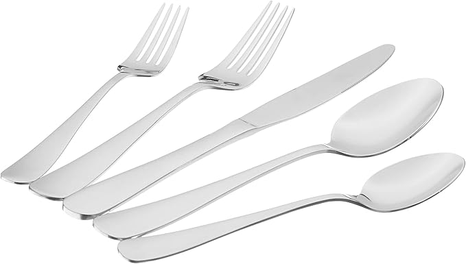 Amazon Basics Silverware Set, Stainless Steel Flatware, Dishwasher Safe, Service for 4, 20-Piece Forks and Spoons, Round Edge, Everyday Use