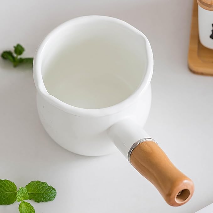 Enamel Milk Pot, Butter Warmer Non-stick Mini Saucepan, 4 Inch 17 Oz Small Cookware with Wooden Handle(White)