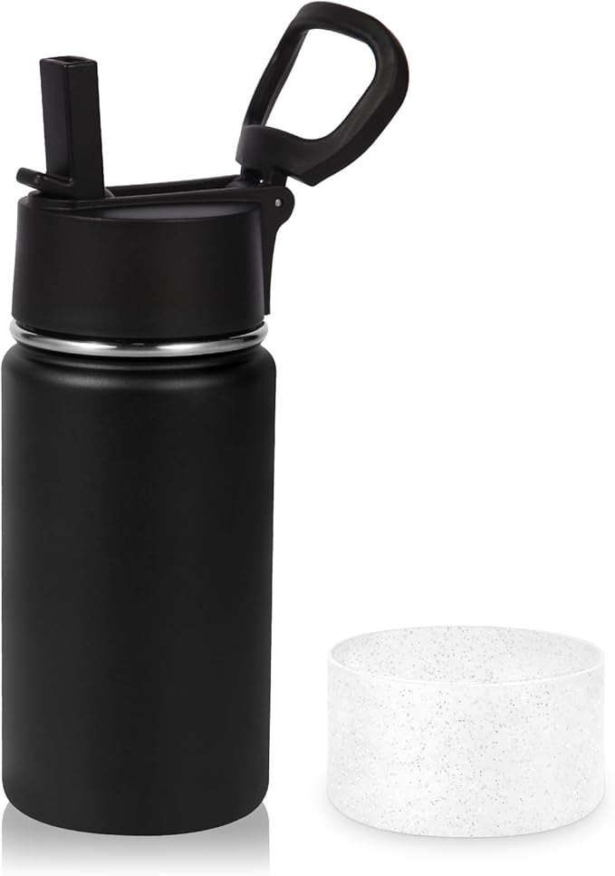 Volhoply 14oz KIds Insulated Stainless Stee Water Bottle with Straw Lid and Silicone Boot,BPA-Free Easy Use for Boys&Girls,Double Wall VacuumLeakproof Bottles(Black,1)