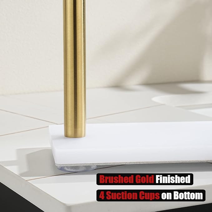JQK Hand Towel Holder Stand Brushed Gold, Modern Tree Rack Free Standing for Countertop with 12 Inch Bar, 304 Stainless Steel Thicken 0.8mm White Base, HTT170-WG