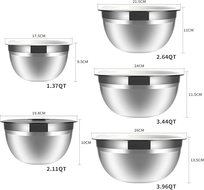 Mixing Bowls, 5Pcs Stainless Steel Mixing Bowl Set, Utensils for the Kitchen, Multifunctional, Stackable, Dishwasher Safe, 3.75L / 3.25L / 2.5L / 2L / 1.3L (With lid)
