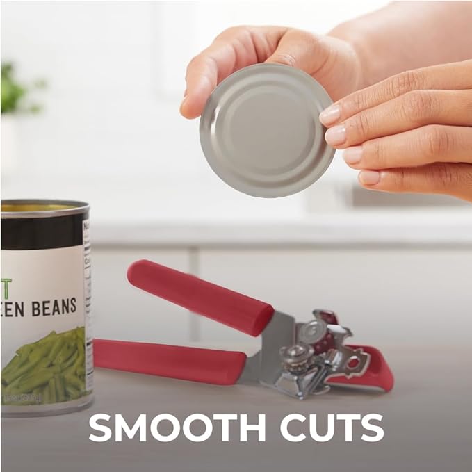 Kitchen Genie Slip Resistant Stainless Steel Manual Can Opener, Sharp Blade for Smooth Edge Cuts, Easily Open Cans, Ergonomic Handles with Easy to Turn Knob, Built-In Bottle Openers, Cherry Red