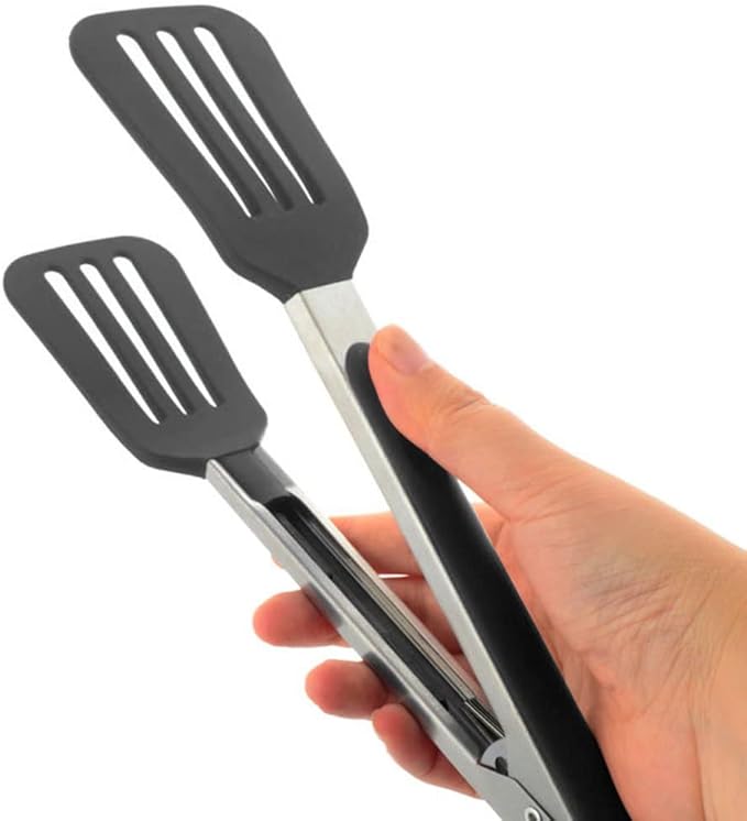 Cooking Tong 9 inches Stainless Steel Kitchen Silicone Serving Tong Heat Resistant Meat Turner Spatula Tongs Fish Tongs with Locking Handle Joint (Black)