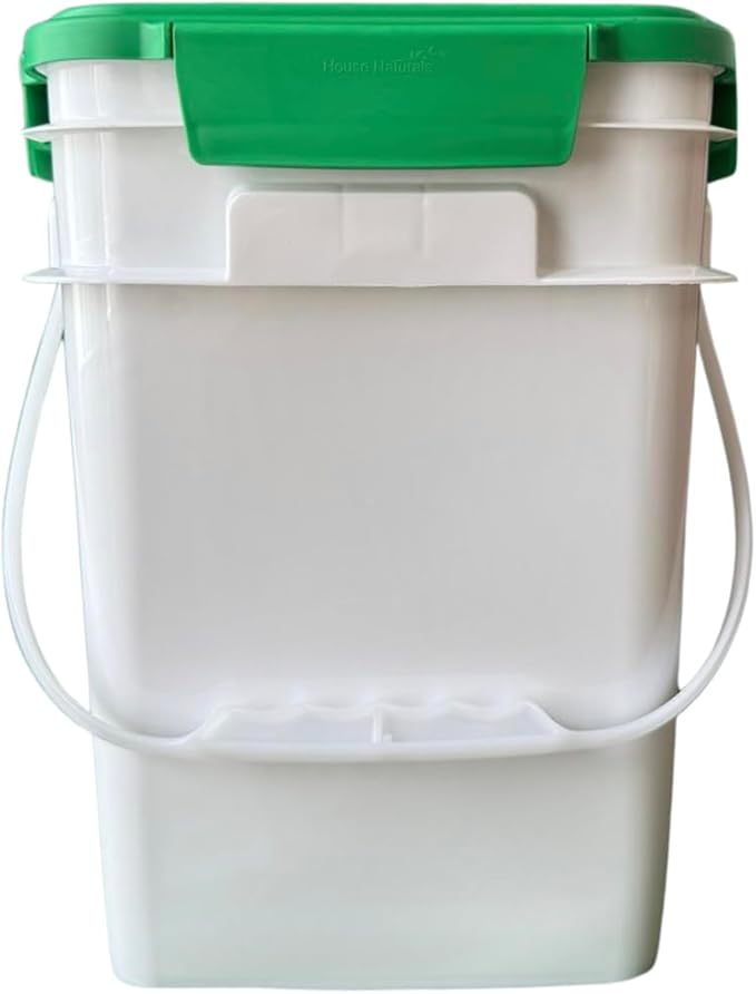 House Naturals 4 Gallon Square Food Grade Bucket Pail with Plastic Handles and Lid (Pack of 3) Made in USA containers (White - Green lid)