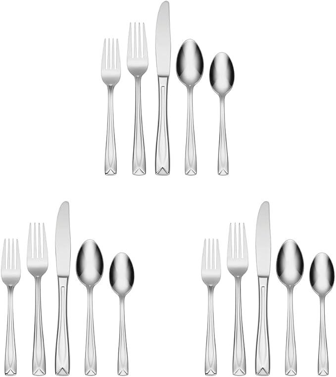 Oneida Lincoln 20 Piece Everyday Flatware, Service for 4, 18/0 Stainless Steel, Silverware Set, Dishwasher Safe, Silver (Pack of 3)