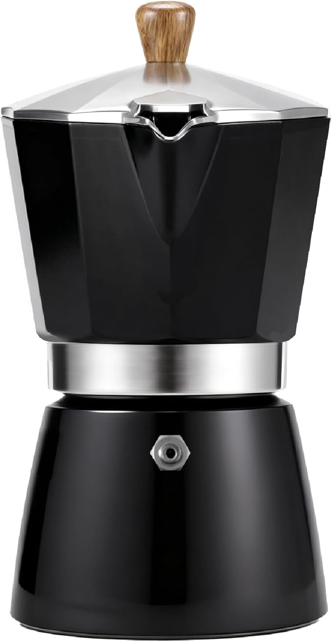 AGOGO Milano Moka Pot Stovetop Espresso Maker with 100 Paper Filters for Sediment-Free Coffee, Classic Italian Greca with Wood-Grain Handle,Cleaning Brush & Towel 6 Cup (10oz / 300ml) Black