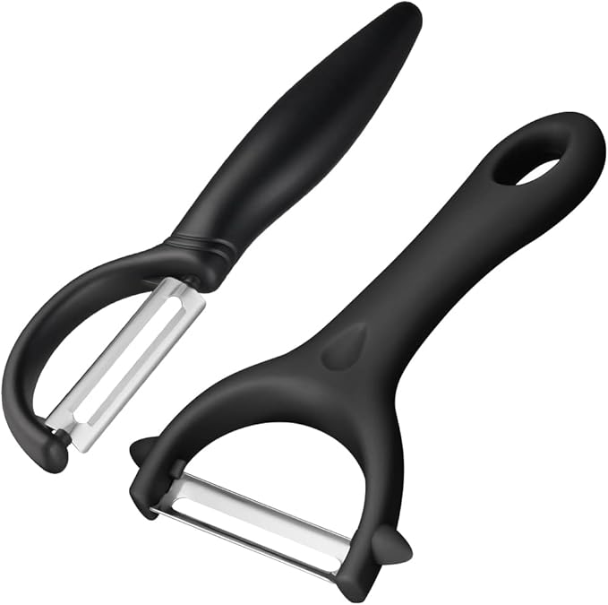 AUAUY 2PCS Potato Peeler, Y and I-Shaped Swivel Vegetable Peeler Set, Fruit Peeler for Kitchen, Non-Slip Grip Peeler, Ergonomic Handle Sharp Blade Stainless Steel Peeler（Black）