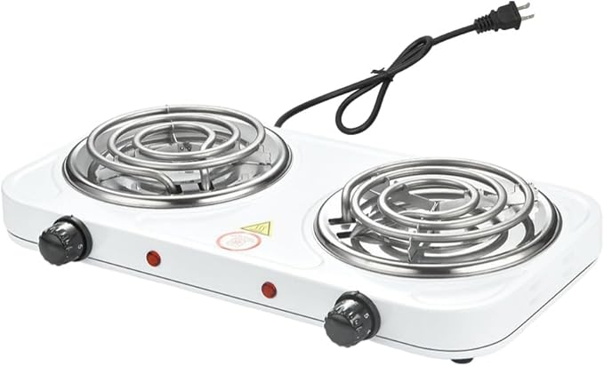 Compact and Portable Countertop Burner- Countertop Double Coiled Burner 2000 Watts Electric Hot Plate Temperature Controls White