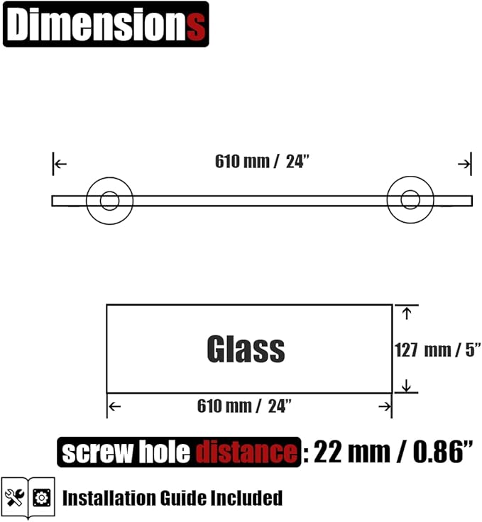 JQK Bathroom Glass Shelf, Tempered Glass Shower Storage 24 by 5 inches, 304 Stainless Steel Brushed Finish Wall Mount, TGS101L24-BN