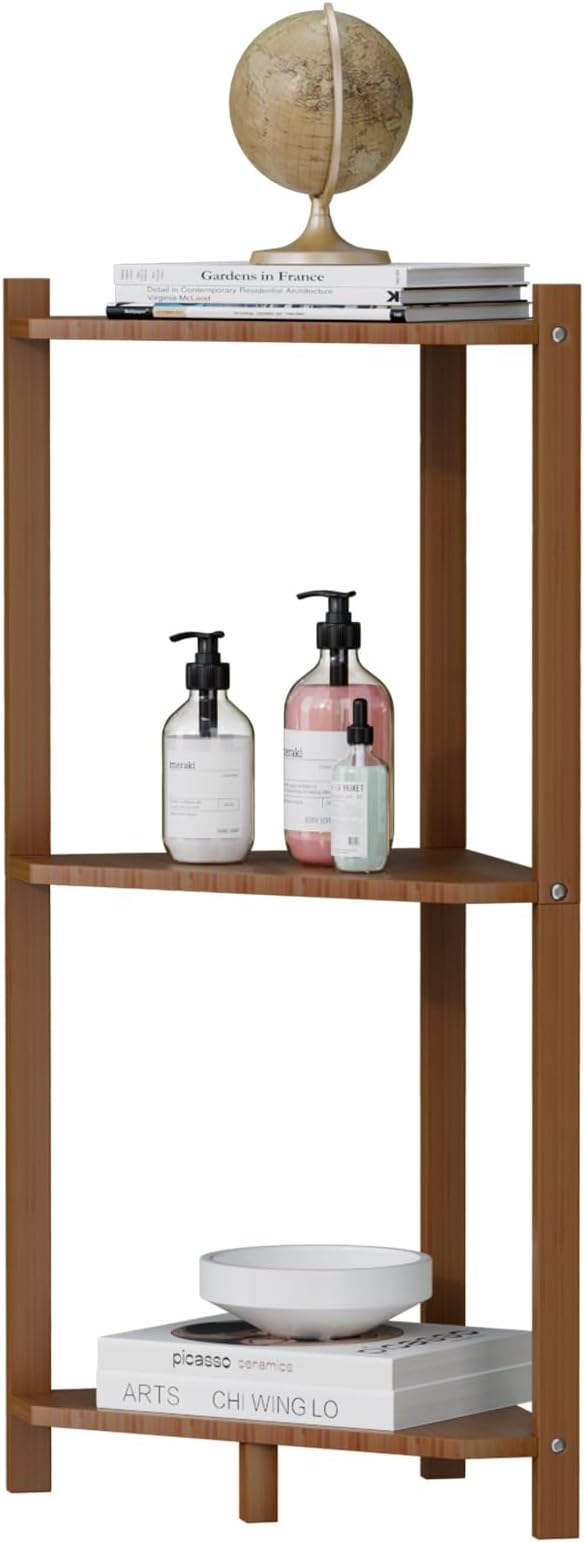 Wisuce Corner Shelf, 100% Real Bamboo Shower Corner Shelves Free Standing Shelf Storage Organizer for Bathroom Living Room Kitchen (Brown, 3 Tier)