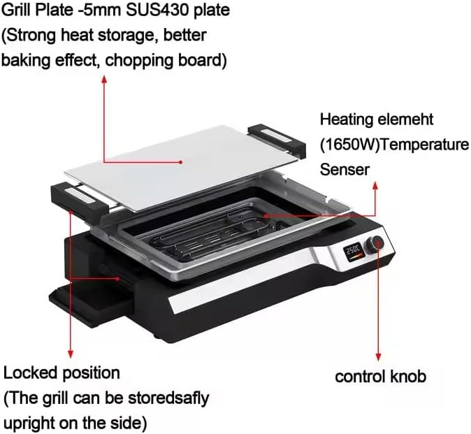 Electric Griddle 536°F Max Temp, Electric Grill Indoor Outdoor 14", Dishwasher-Safe Indoor electric skillet, Nonstick Flat Top Grill 5mm Stainless Steel Plates, Spatula & Fork