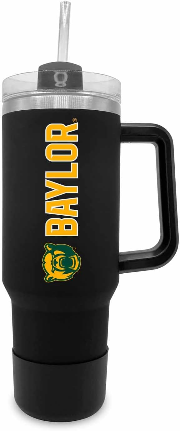 Campus Colors College & University 40 oz Travel Tumbler With Handle - Dual Option Lid With Straw - Vacuum Insulated Stainless Steel (Baylor Bears - Black)