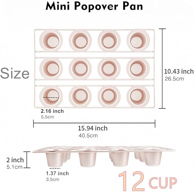 12-Cavity Popover Pan Non-Stick Yorkshire Muffin Puddings Cake Quiches Cupcake Mold Bakeware for Oven Baking (Champagne Gold)