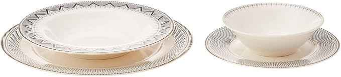 Karaca Globe 24-Piece Dinnerware Set for 6 People - Kitchen Dish Set for Salad, Soup, Pasta, Noodle & More - Modern Chic Porcelain Dishware Plate Set (White with Black Triangle Design)