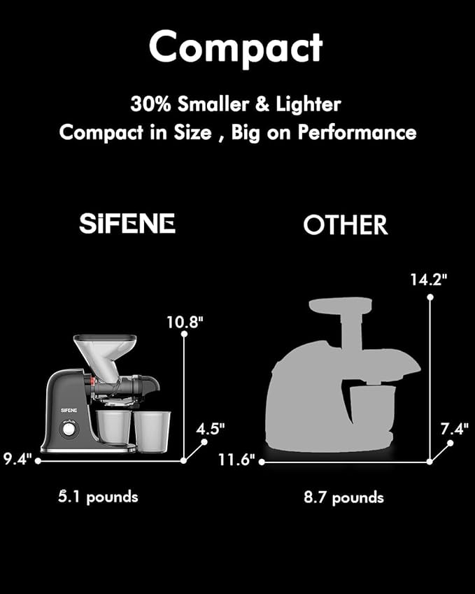 SIFENE Cold Press Juicer Machine, Mini Slow Masticating Juicer with Dual Feed Chute, Compact Electric Juice Extractor for Celery Ginger & Fruit, Easy Clean, Black
