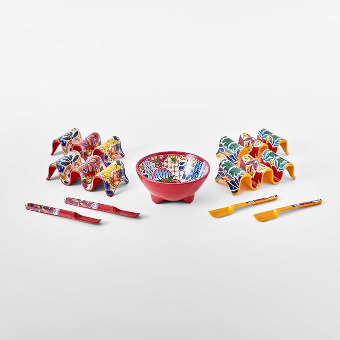 Prepara Taco Gift Set, Talavera - Taco Fiesta Talavera Pattern Serving Set for Taco Tuesday Night Parties, 6-Inch Party Bowl, 4 Taco Spoons for Easy Scooping, 4 Reversible Taco Holders