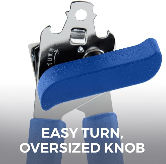 Kitchen Genie Slip Resistant Stainless Steel Manual Can Opener, Sharp Blade for Smooth Edge Cuts, Easily Open Cans, Ergonomic Handles with Easy to Turn Knob, Built-In Bottle Openers, Cobalt Blue