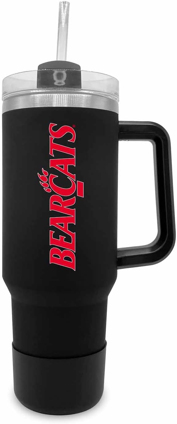 Campus Colors College & University 40 oz Travel Tumbler With Handle - Dual Option Lid With Straw - Vacuum Insulated Stainless Steel (Cincinnati Bearcats - Black)