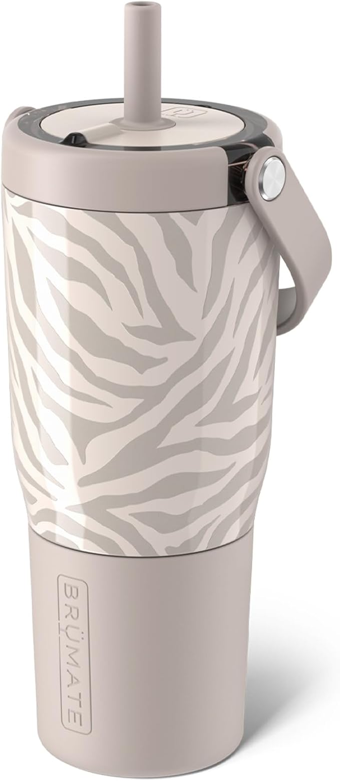 BrüMate Resa 25oz 100% Leakproof Travel Tumbler with Handle & Straw | Flexible SoftSip Straw | Silicone Sleeve for Durability | Stainless Steel | Cup Holder & Travel Friendly Water Bottle | (Zebra)