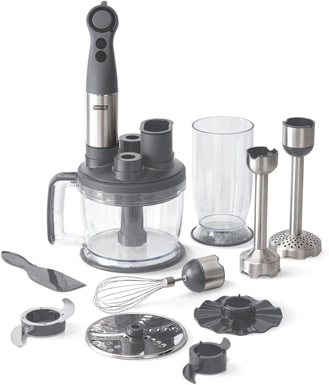 Dash Chef Series Deluxe Immersion Hand Blender, 5 Speed Stick Blender with Stainless Steel Blades, Dough Hooks, Food Processor, Grate, Mash, Slice, Whisk Attachments and Recipe Guide – Cool Grey