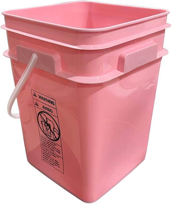 House Naturals 4 Gallon Square Food Grade Bucket Pail with Plastic Handles and Lid (Pack of 3) Made in USA containers (Pink - White lids)