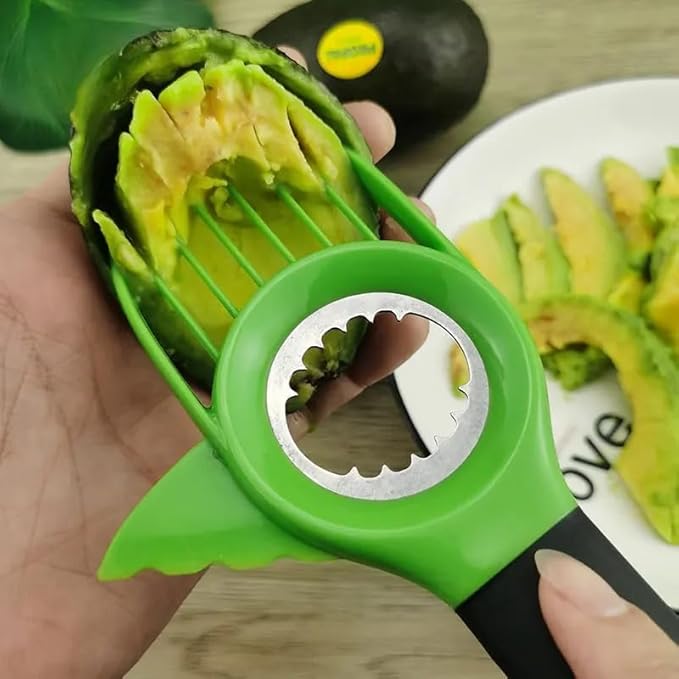 Avocado Slicer 3-in-1 Tool – Stainless Steel Cutter, Pitter, Corer with Non-Slip Grip Handle – Multifunctional Avocado Seed Remover Cutter for Fruit & Kitchen Use (Green Black)