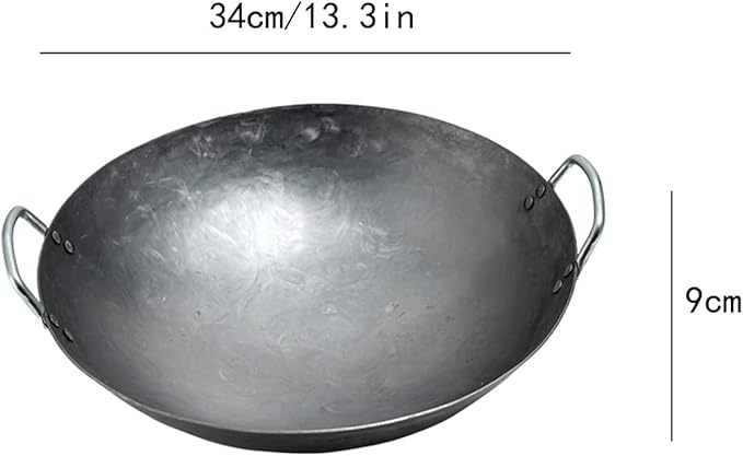 Wok Pfanne Traditioneller Handgehämmerter Wok Aus Refined Iron Mit Two Handles，1,8 MM Dick Wok (Rundboden) (Size : 34cm/13.3in)