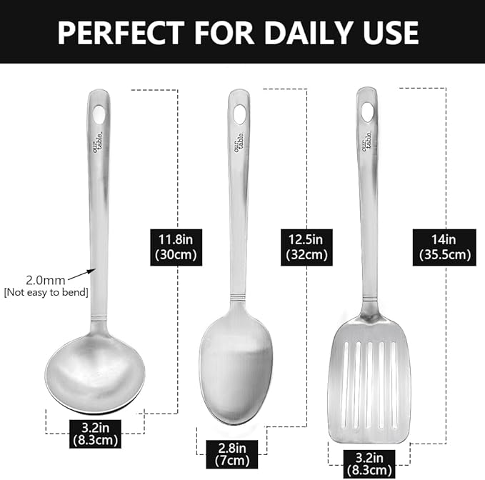 Our Table 3 Pieces Cook & Serve Stainless-Steel Utensils Set,Kitchen Soup Ladle,Cooking Spoon,Slotted Turner Spatula for Serving Your Favorite Meals