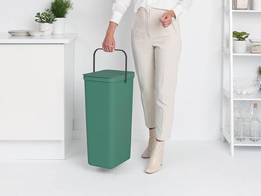 Brabantia Sort & Go Kitchen Recycling Bin | L / 10.6 Gal / 40L | Fir Green | Removable Stay-Open Lid, Carry Handle | Trash Can for Bottles, Cans, Paper, Glass | Wall Bracket Sold Separately