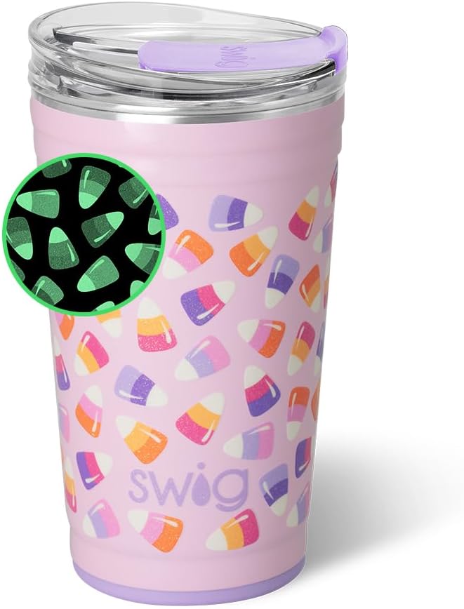 Swig Life 24oz Party Cup, Halloween Insulated Travel Coffee Tumbler with EZ Slider Lid, Cup Holder Friendly, Stainless Steel 24 oz Tumbler, Reusable Mug (Candy Corn)