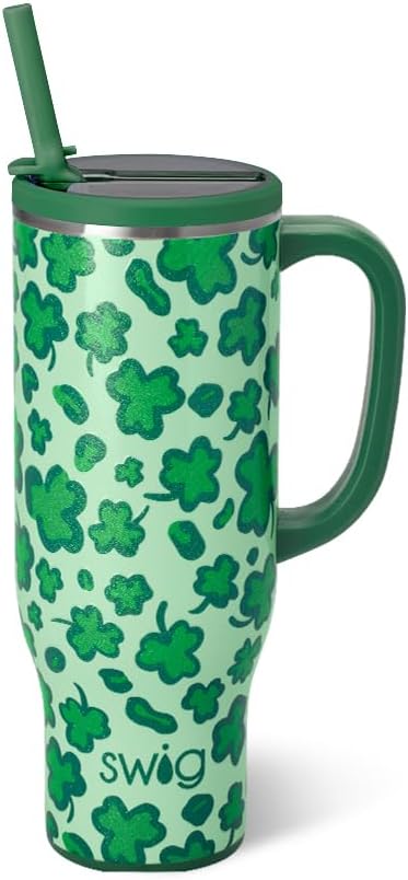 Swig Life 30oz Mega Mug, 30oz Tumbler with Handle and Straw, Large Insulated Tumblers, Cup Holder Friendly Travel Mug, Stainless Steel 30 oz Tumbler, Reusable Insulated Water Bottle (Lucky Leopard)