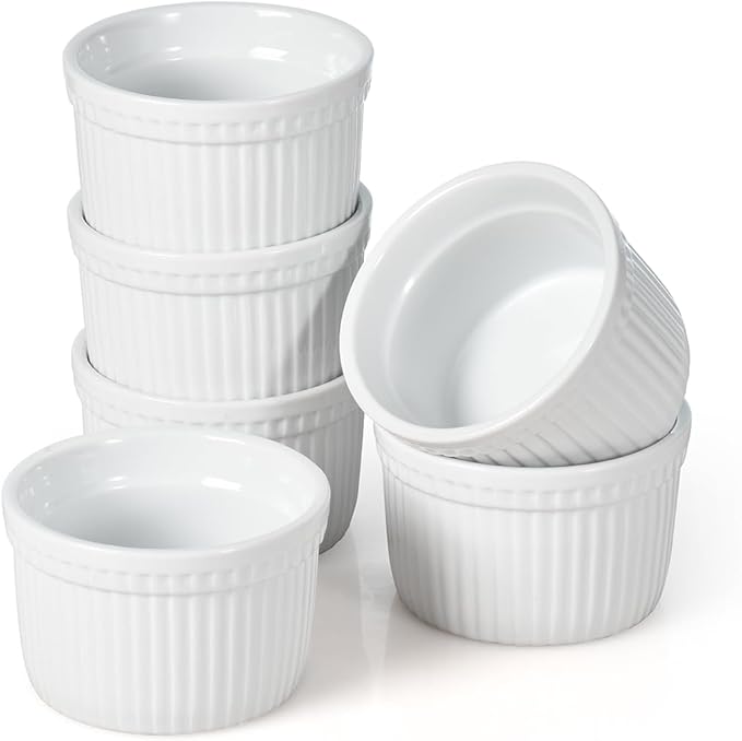 WishDeco Ramekins Set of 6, Creme Brulee Ramekins 7 oz, White Dipping Sauce Dishes, Porcelain Ramekin Bowls for Baking, Souffle, Custard Pudding, Cake, Oven Safe
