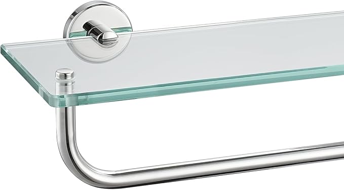 JQK Bathroom Glass Shelf Polished Chome, Shelf with 15 Inch Towel Bar Tempered Glass Shower Storage 16 by 5 inches, 304 Stainless Steel Silver Finish Wall Mount, TGS100-CH