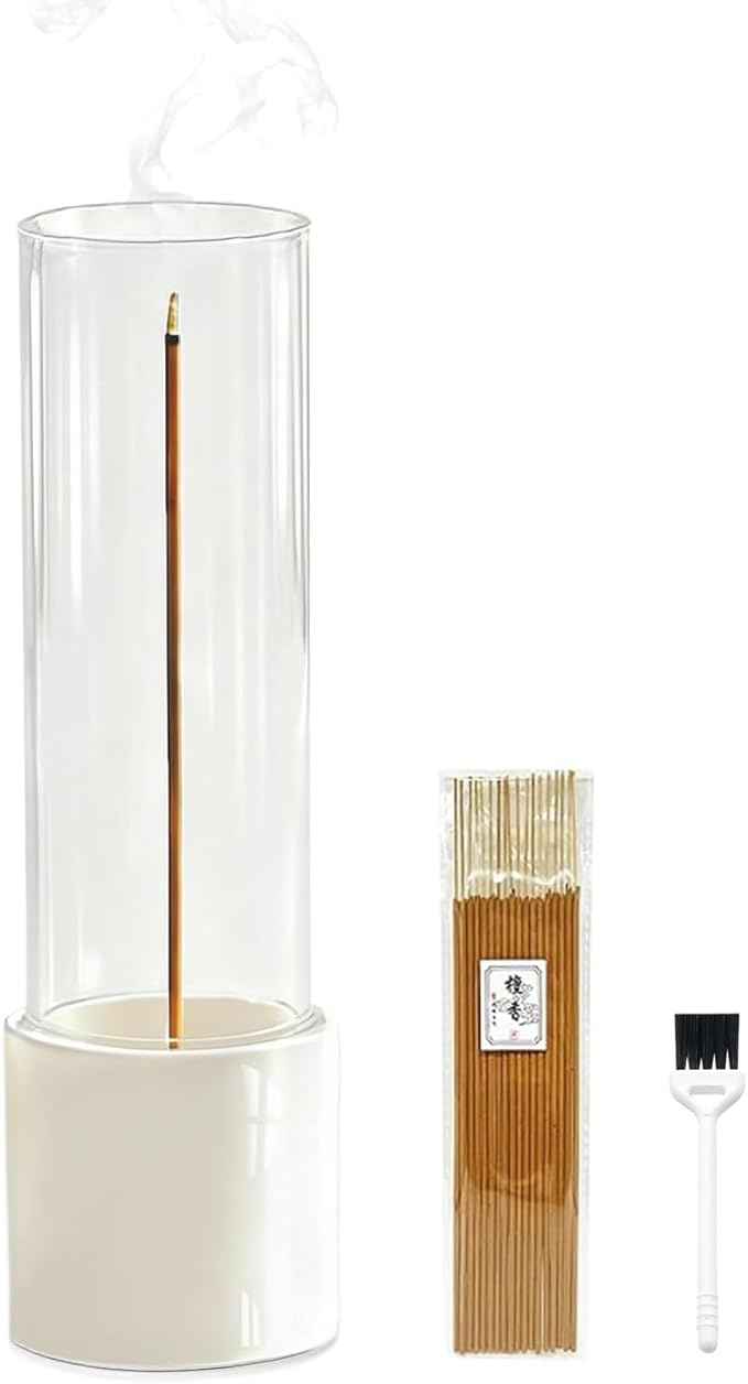 CEREMONY Incense Holder, Ceramic Incense Holder for Sticks with Glass Ash Catcher, Anti-ash Incense Burner with 20 Incense Sticks and a Ash Brush for Meditation Yoga Spa Room Decor (White)