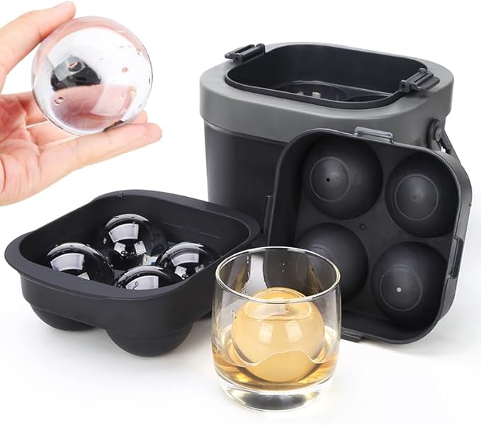 Crystal Clear Ice Ball Maker Mold, 4 Large 2.4" Premium Clear Ice Cube Trays Sphere Mold, 2-in-1 Silicone Ice Round Molds 2L Ice Bucket Icecan for Whiskey, Cocktails, Brandy, Bourbon, Idea Gifts