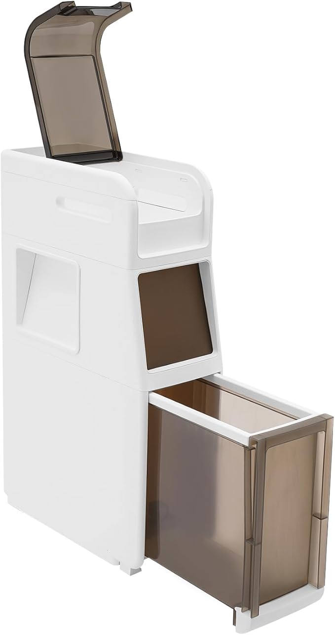 Slim Waterproof Narrow Bathroom Cabinet with Trash Bin Compact Design with Drawers and Toilet Paper Holder Movable Bathroom Organizers for Small Spaces (3Tier/25.2in H)