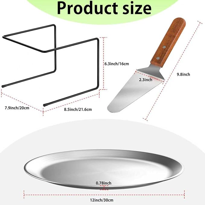 4 PCS Pizza Stand Holder, Black Metal Pizza Pan Display Stands for Buffet Restaurant Home, 4 Pizza Pan and 2 Wood Handle Pie Server