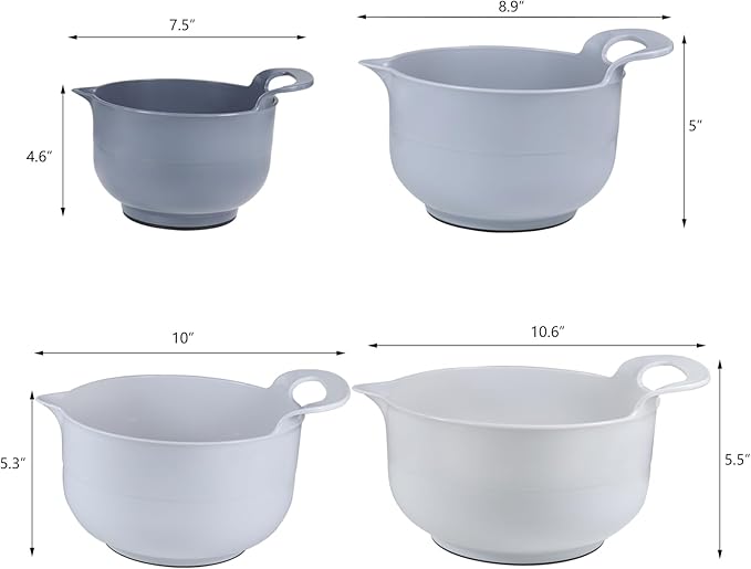 Mixing Bowls - 4 Piece Nesting Plastic Mixing Bowl Set with Pour Spouts and Handles - Non Slip Bottom and Measurement Markings (Light Gray)